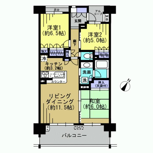 Floor plan. 3LDK, Price 26,800,000 yen, Footprint 70.3 sq m , Balcony area 13.8 sq m