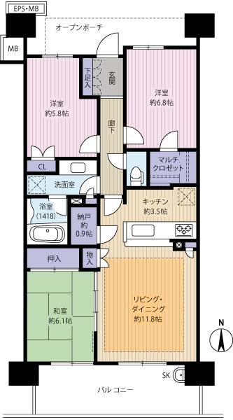 Floor plan. 3LDK + S (storeroom), Price 35,500,000 yen, Occupied area 77.24 sq m , Balcony area 11.9 sq m