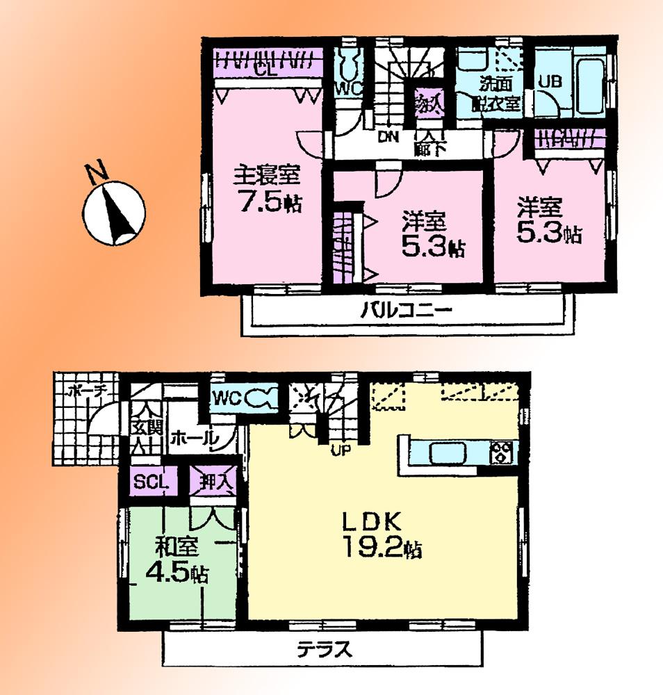 Floor plan. 58,800,000 yen, 4LDK, Land area 189.98 sq m , Building area 99.36 sq m parking three and over, LDK18 tatami mats or more, Facing south, Yang per good, All room storage, Living stairs! !