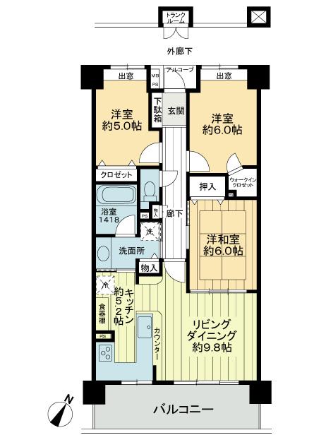 Floor plan. 3LDK, Price 32,800,000 yen, Occupied area 72.81 sq m , Balcony area 11.43 sq m floor plan