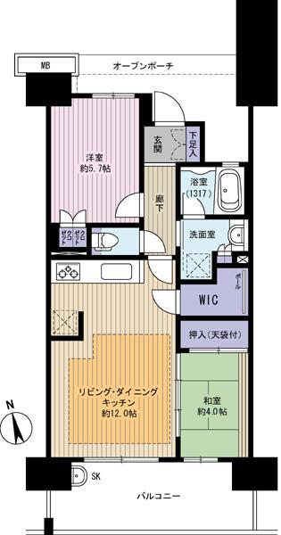 Floor plan. 2LDK, Price 28.5 million yen, Occupied area 53.26 sq m , It has a balcony area 11.4 sq m spacious walk-in closet.