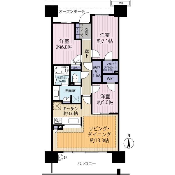 Floor plan. 3LDK, Price 38,800,000 yen, Occupied area 80.25 sq m , Floor plan of the balcony area 12.9 sq m next to living