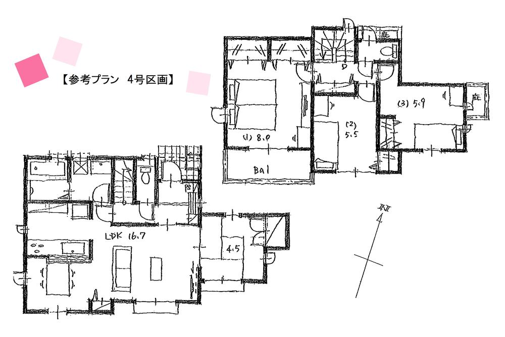 Building plan example (floor plan). Building plan example (No.4) 4LDK, Land price 31,300,000 yen, Land area 95.09 sq m , Building price 14.5 million yen, Building area 96.46 sq m