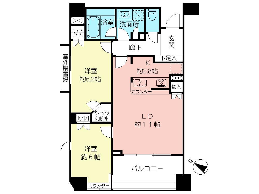 Floor plan. 2LDK, Price 39,980,000 yen, Occupied area 61.09 sq m , Balcony area 8.2 sq m