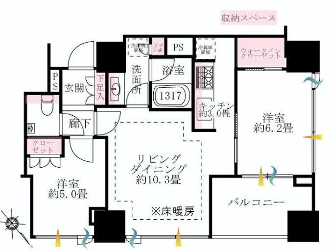 Floor plan. 2LDK, Price 48 million yen, Occupied area 54.76 sq m , Easy-to-use floor plan of the balcony area 6.95 sq m wide span.