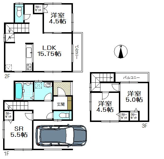 Floor plan. (3 Building), Price 49,800,000 yen, 3LDK+S, Land area 65.22 sq m , Building area 95.17 sq m