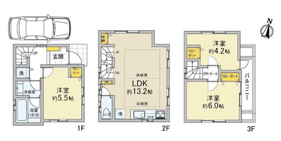 Floor plan. 42,800,000 yen, 3LDK, Land area 43.42 sq m , Building area 67.07 sq m "plaster of the house" Taken between Chihaya 4-chome