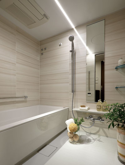 Bathing-wash room.  [Bathroom] Adopted LED long-life in lighting. The single optical line running in a horizontal direction, Irregularities illuminate beautifully the small space is a flat design.