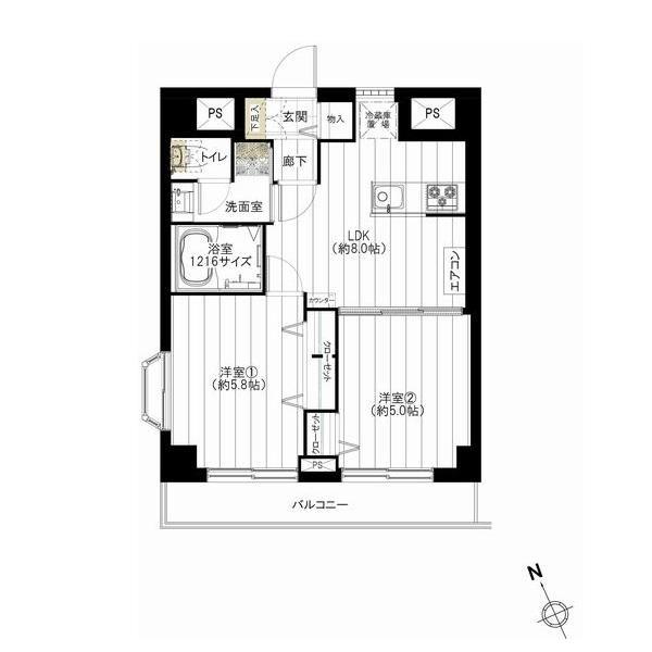 Floor plan. 2LDK, Price 23,900,000 yen, Occupied area 42.88 sq m , Balcony area 5.4 sq m furniture ・ Air-conditioned R1 compliance with standards Renovation