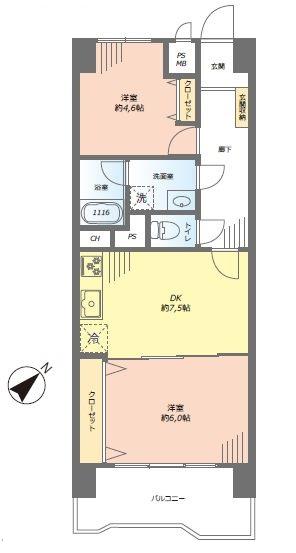 Floor plan. 2DK, Price 26,980,000 yen, Footprint 49.5 sq m , Balcony area 7.36 sq m