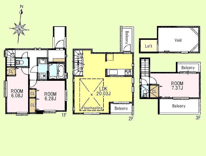 Floor plan. (A Building), Price 53,800,000 yen, 3LDK, Land area 83.07 sq m , Building area 92.51 sq m