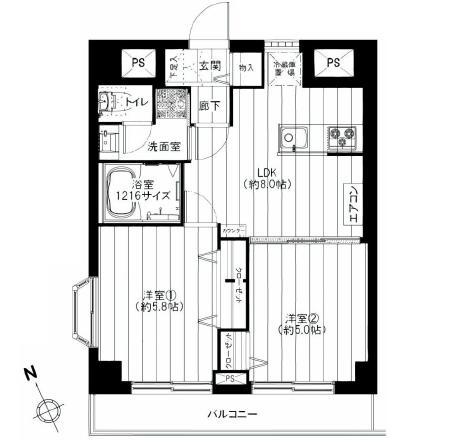Floor plan. 2LDK, Price 23,900,000 yen, Occupied area 42.88 sq m , Balcony area 5.4 sq m