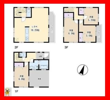 Floor plan. 54,800,000 yen, 4LDK, Land area 65.28 sq m , Building area 110.55 sq m 1F; 38.07 sq m (garage; including 12.15 sq m) 2F; 36.85 sq m 3F; 35.64 sq m