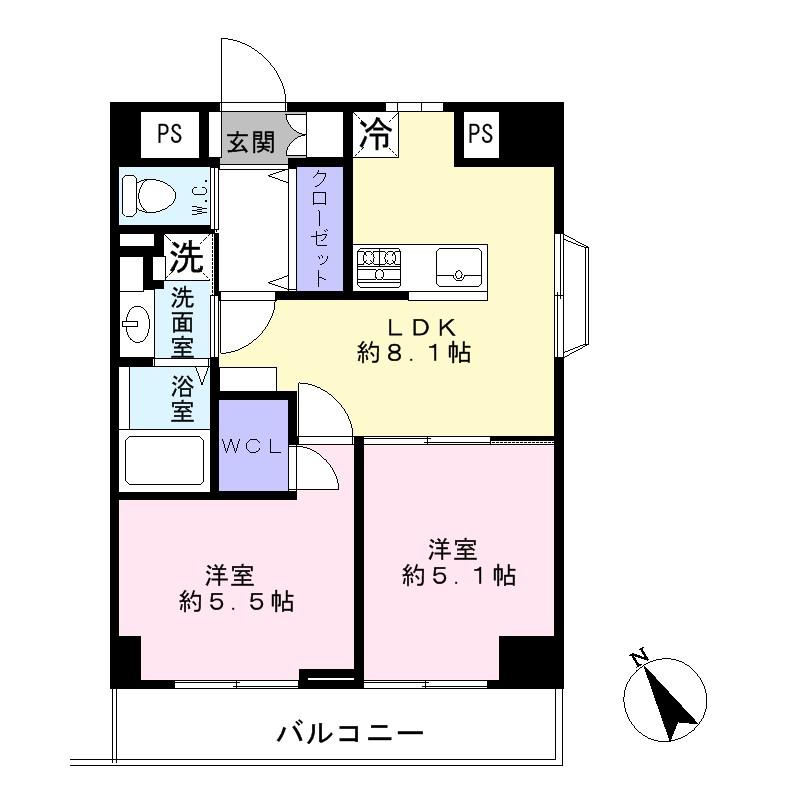 Floor plan. 2LDK, Price 24,900,000 yen, Occupied area 42.89 sq m , Balcony area 5.4 sq m