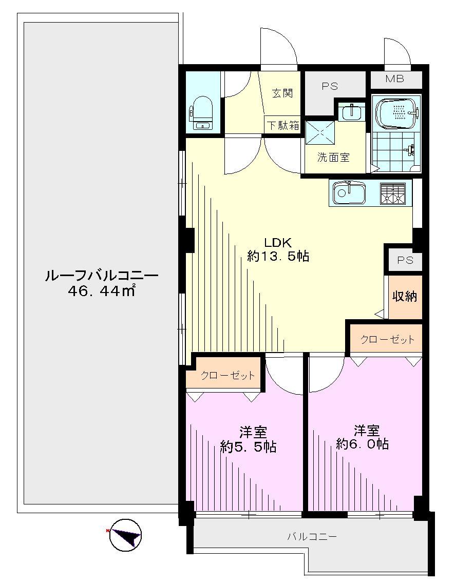 Floor plan. 2LDK, Price 22,900,000 yen, Occupied area 54.37 sq m , Balcony area 6.16 sq m Floor