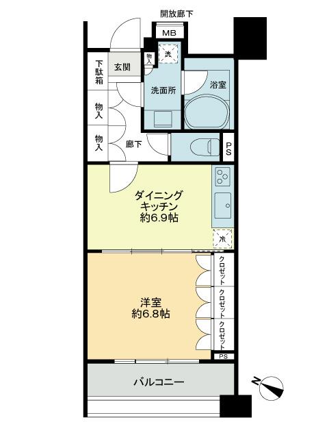 Floor plan. 1DK, Price 26,800,000 yen, Occupied area 38.46 sq m , Balcony area 6.45 sq m