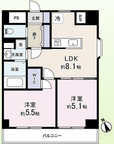 Floor plan. 2LDK, Price 24,900,000 yen, Occupied area 42.89 sq m , Balcony area 5.4 sq m 8 floor of the southeast angle room! South-facing balcony!