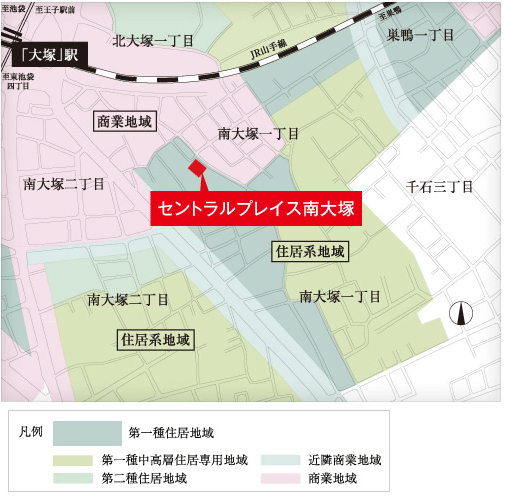 Surrounding environment. First-class residential area is located the "Central Place Minamiotsuka" is, Area calm living environment is ensured. Planting and tree-lined streets that decorate the garden of the houses in the surrounding area, Such as are dotted park suitable for children's park and stroll, Some of the moisture lush greenery has spread orderly streets. (Zoning conceptual diagram)
