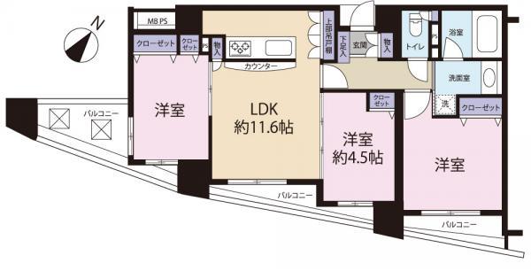 Floor plan. 3LDK, Price 43,800,000 yen, Occupied area 62.84 sq m , Balcony area 11.18 sq m