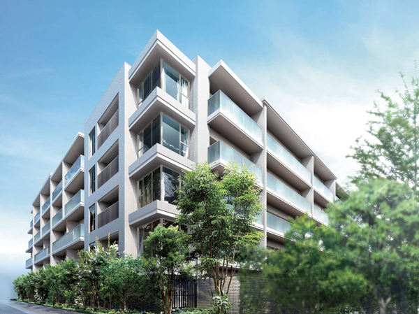 Buildings and facilities. Stylish appearance form which adopted the tiles and glass balcony that was the white tones. In harmony with the surrounding cityscape, All houses southeast ・ It is a low-rise 5-storey residence of southwestward. (Exterior CG)