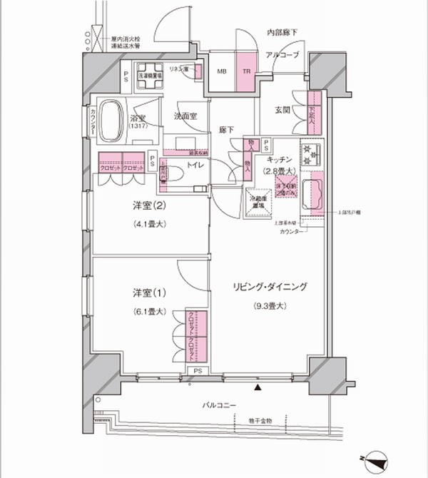 <A type> 2LDK Occupied area / 56.23 sq m  Balcony area / 9.55 sq m of bright two-sided lighting corner dwelling unit. Adopt a bathroom with a window with a clean.
