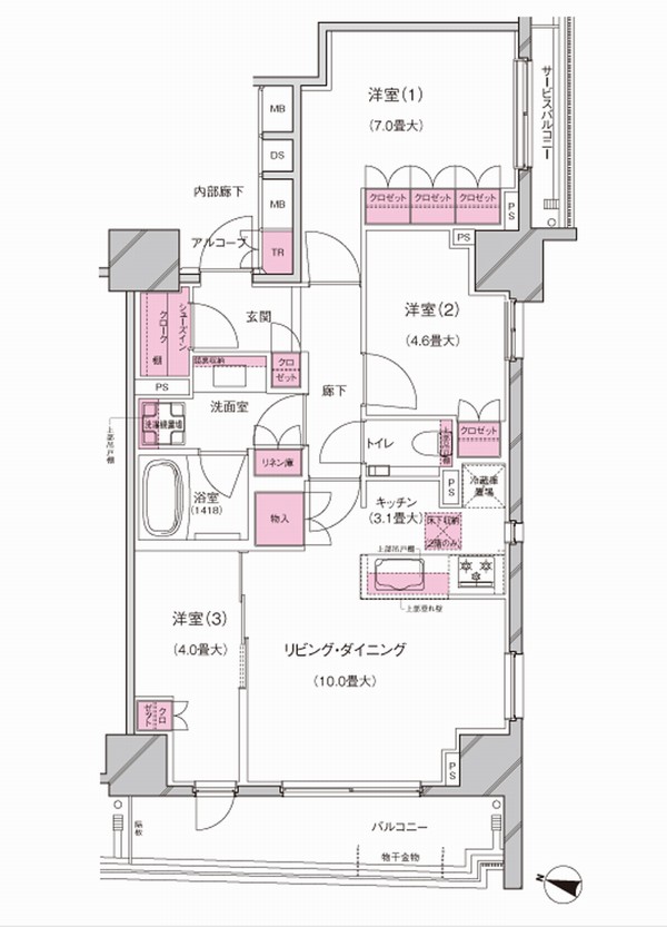 <C type> 3LDK+SIC Occupied area / 69.17 sq m  Balcony area / 8.79 sq m  SIC = corner dwelling unit of shoes in cloak bright two-sided lighting. Face-to-face kitchen with a window. Established the shoes in cloak.