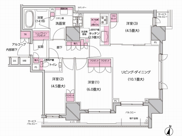 <E Type> 3LDK+SIC Occupied area / 68.70 sq m  Balcony area / 6.96 sq m  SIC = corner dwelling unit of shoes in cloak bright south 3 rooms plan. Rich shared storage. Living and Western variability of a plan that employs a sliding door between the.