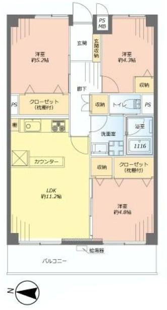 Floor plan. 3LDK, Price 35,800,000 yen, Footprint 62.4 sq m , Balcony area 7.68 sq m