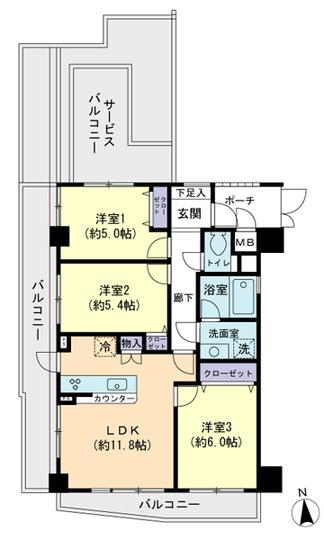 Floor plan. 3LDK, Price 47,900,000 yen, Footprint 64.7 sq m , Balcony area 16.47 sq m Floor 3 for the direction angle dwelling unit, Yang per ventilation, Good view