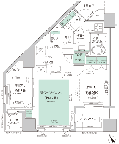 A type floor plan: 2LDK + storeroom (occupied area / 56.76 sq m  Balcony area / 5.08 sq m  Service balcony area / 2.17 sq m )