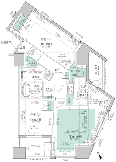 C type floor plan: 2LDK + walk-in closet + shoes closet (occupied area / 71.82 sq m  Balcony area / 5.08 sq m  Service balcony area / 4.1 sq m )