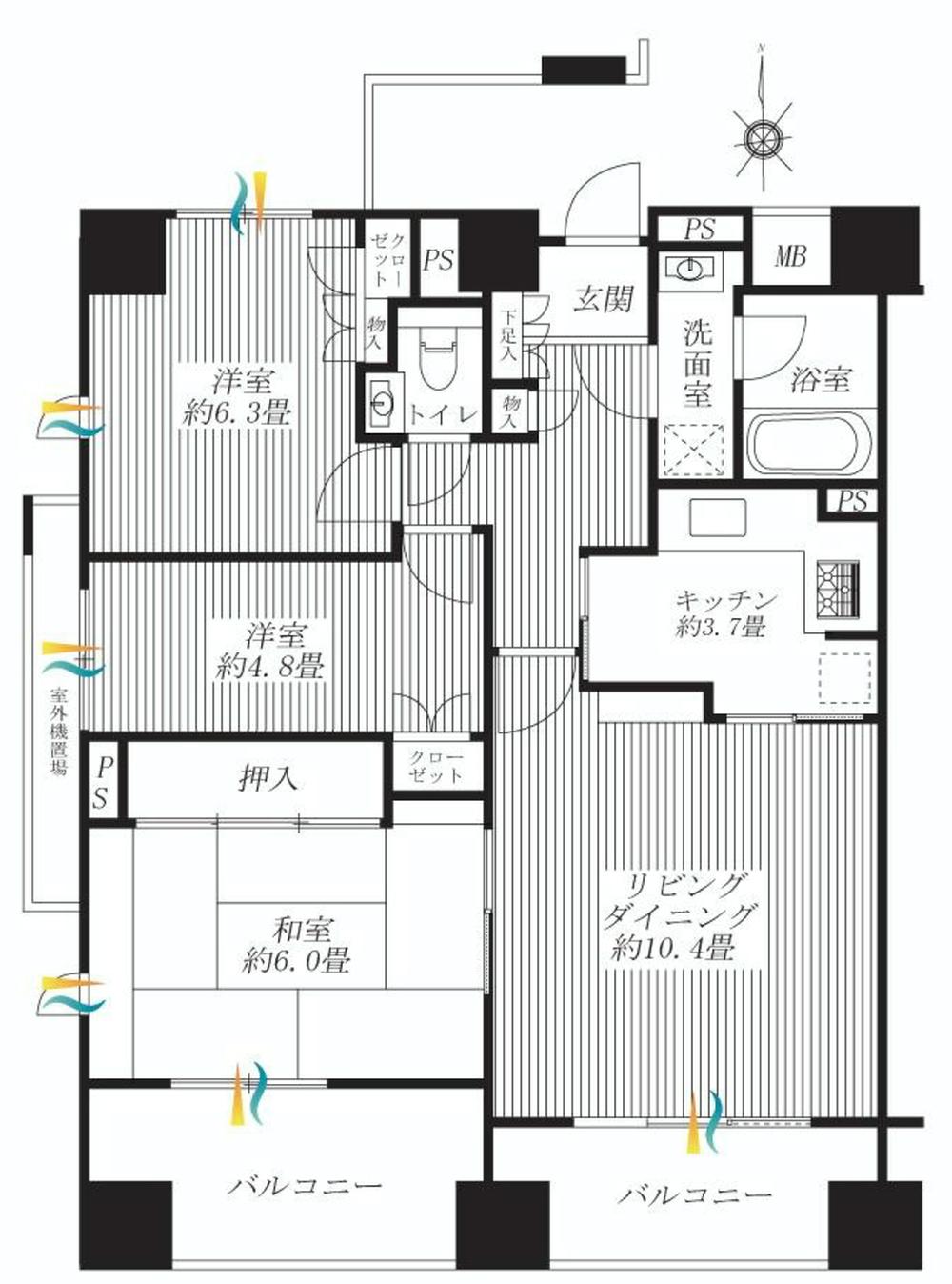 Floor plan. 3LDK, Price 37,800,000 yen, Occupied area 73.78 sq m , Balcony area 10.68 sq m