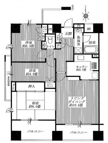 Floor plan. 3LDK, Price 35,500,000 yen, Occupied area 73.78 sq m , Balcony area 10.68 sq m