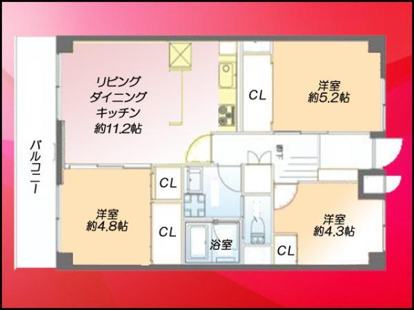 Floor plan. 3LDK, Price 35,800,000 yen, Footprint 62.4 sq m , Balcony area 7.68 sq m