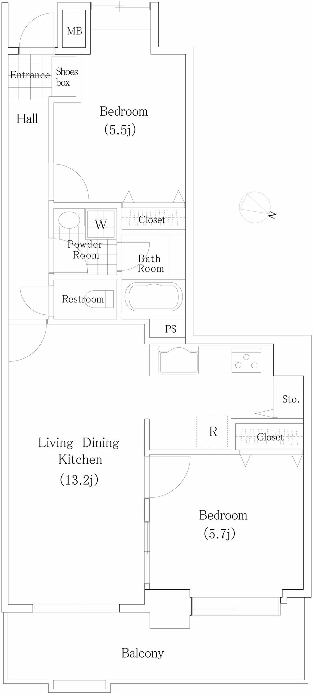 Floor plan. 2LDK, Price 39,800,000 yen, Occupied area 60.52 sq m , Balcony area 7.26 sq m