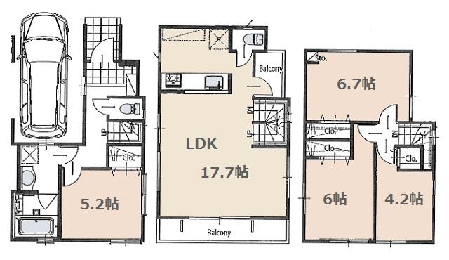 Floor plan. (C Building), Price 54,800,000 yen, 4LDK, Land area 57.37 sq m , Building area 101.96 sq m