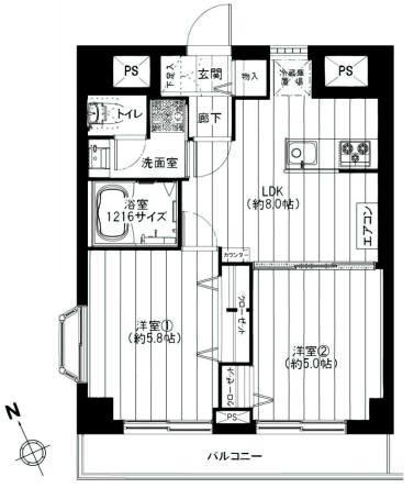 Floor plan. 2LDK, Price 23,900,000 yen, Occupied area 42.88 sq m , Balcony area 5.4 sq m