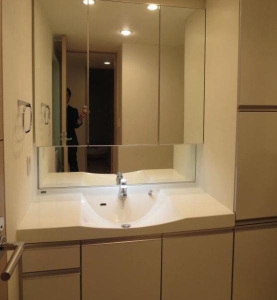 Wash basin, toilet. Vanity with a space