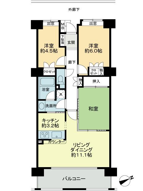 Floor plan. 3LDK, Price 37.5 million yen, Occupied area 71.05 sq m , Balcony area 10.2 sq m