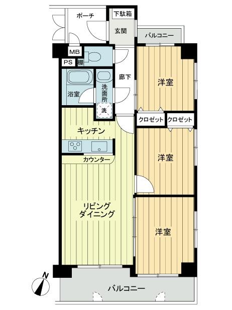 Floor plan. 3LDK, Price 40,800,000 yen, Occupied area 60.31 sq m , Balcony area 10.02 sq m