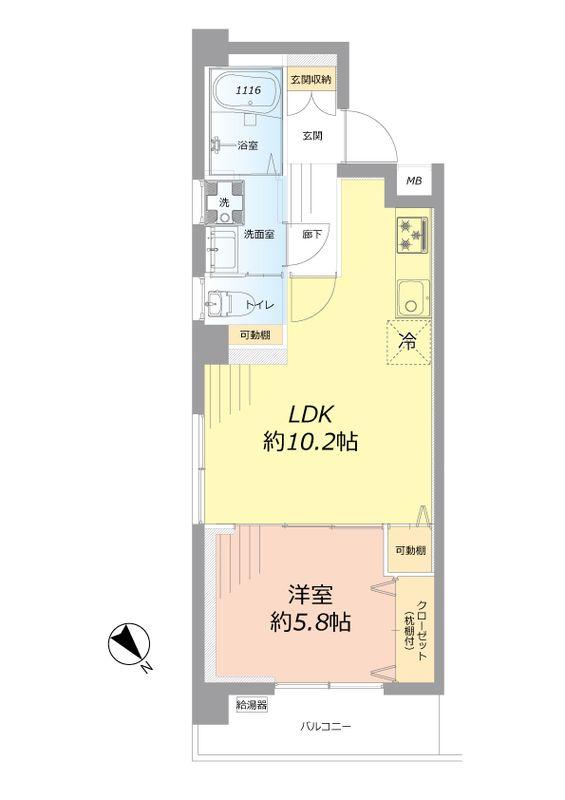 Floor plan. 1LDK, Price 21,980,000 yen, Occupied area 39.02 sq m , Balcony area 5.25 sq m