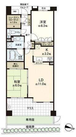 Floor plan. 2LDK, Price 40,900,000 yen, Occupied area 63.48 sq m , Balcony area 10.43 sq m