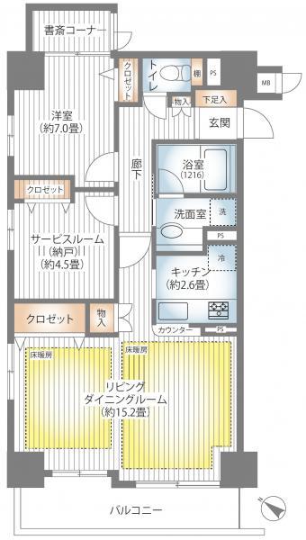 Floor plan. 1LDK+S, Price 43,800,000 yen, Footprint 66.7 sq m , Balcony area 7.5 sq m