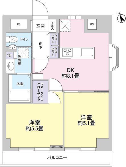 Floor plan. 2LDK, Price 24,900,000 yen, Occupied area 42.89 sq m , Balcony area 5.4 sq m