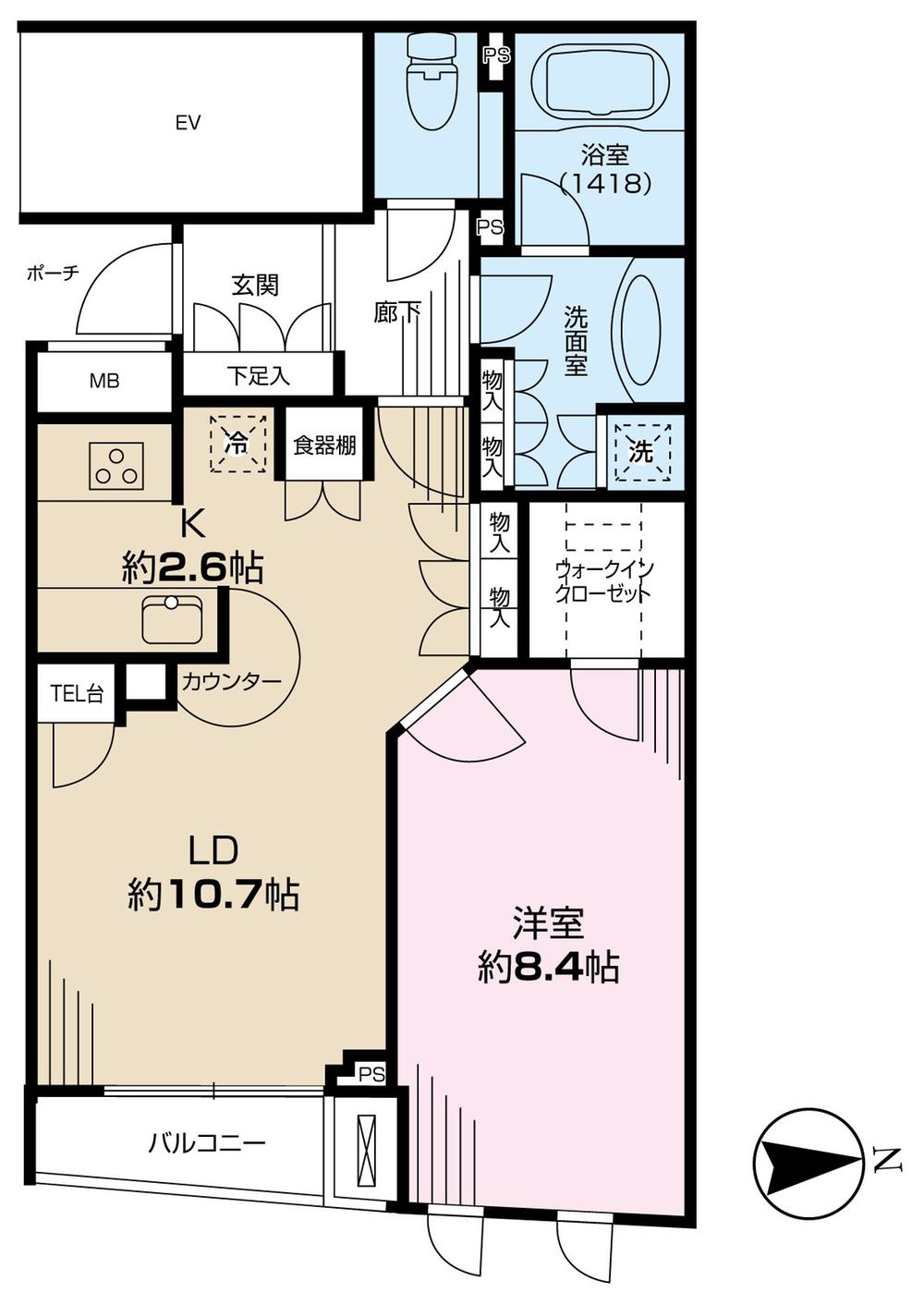 Floor plan. 1LDK, Price 41,500,000 yen, Occupied area 54.73 sq m , Balcony area 3 sq m