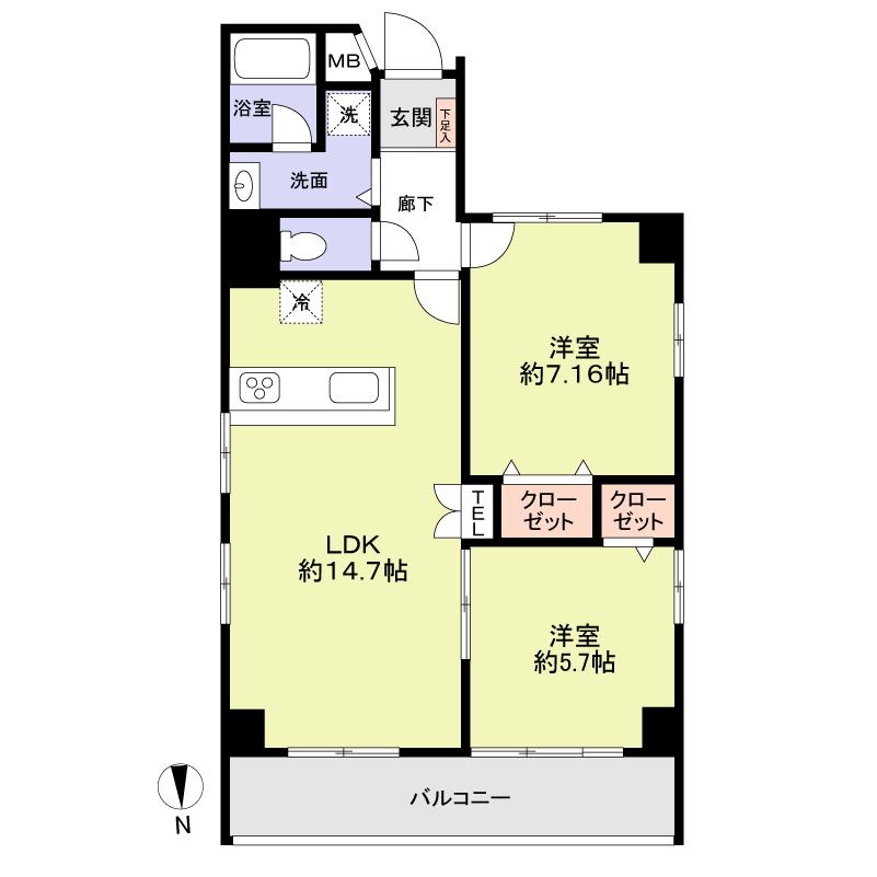 Floor plan. 2LDK, Price 31.5 million yen, Occupied area 62.34 sq m , Balcony area 8.84 sq m