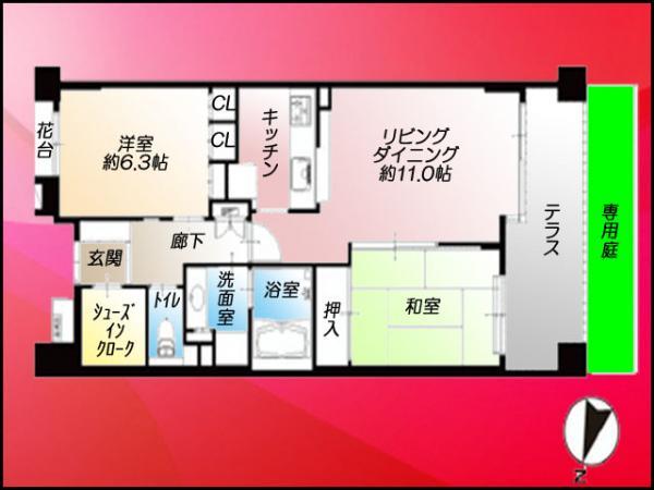 Floor plan. 2LDK, Price 40,900,000 yen, Occupied area 63.48 sq m , Balcony area 10.43 sq m private garden 2LDK + shoes in cloak