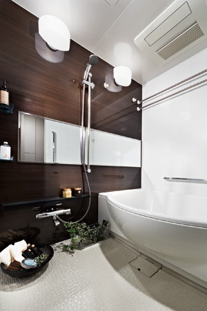 Bathing-wash room.  [Bathroom] In space based on white and dark brown, Bathroom decor beautiful form of the bathtub. To various system to produce a healing and peace, Has been pursuing the function and design of affection be popular over the future.