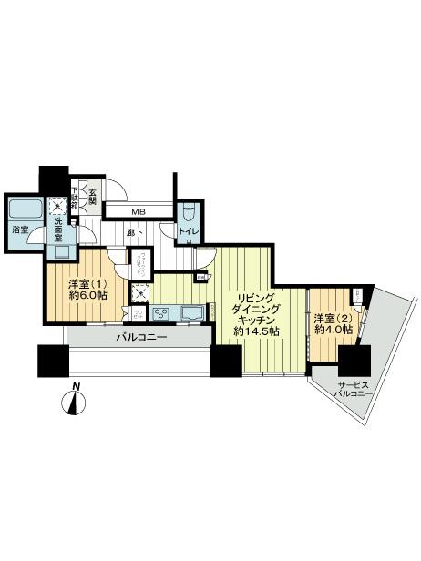 Floor plan. 2LDK, Price 63,600,000 yen, Occupied area 60.11 sq m , Balcony area 11.04 sq m
