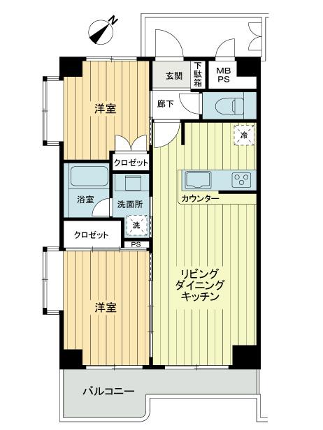 Floor plan. 2LDK, Price 32,800,000 yen, Occupied area 54.99 sq m , Balcony area 6.65 sq m